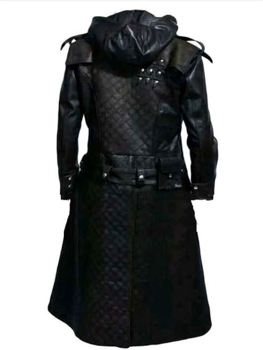 Men's Black Hooded Long Faux Leather Trench Coat – Gothic Style Belted Winter Coat