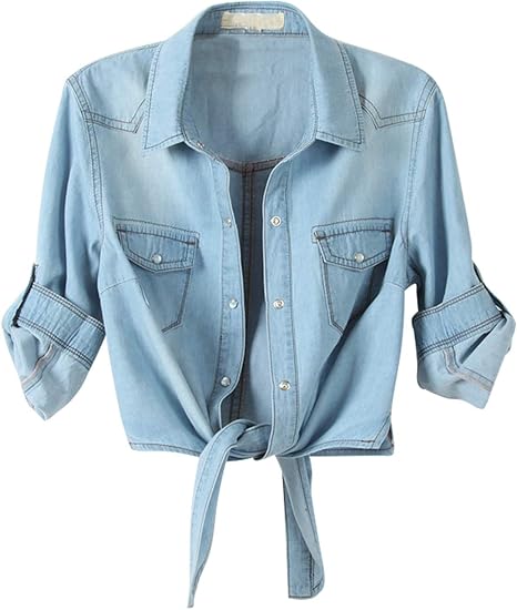 Women's 3/4 Sleeve Denim Crop Tie Knot Shirt