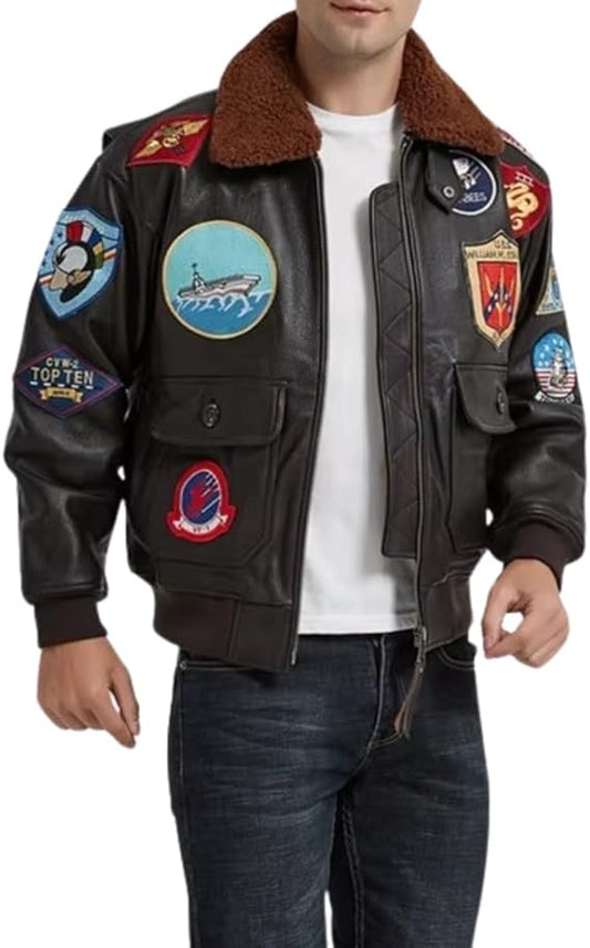 Men's Vintage Aviator Genuine Leather Jacket with Sherpa Collar