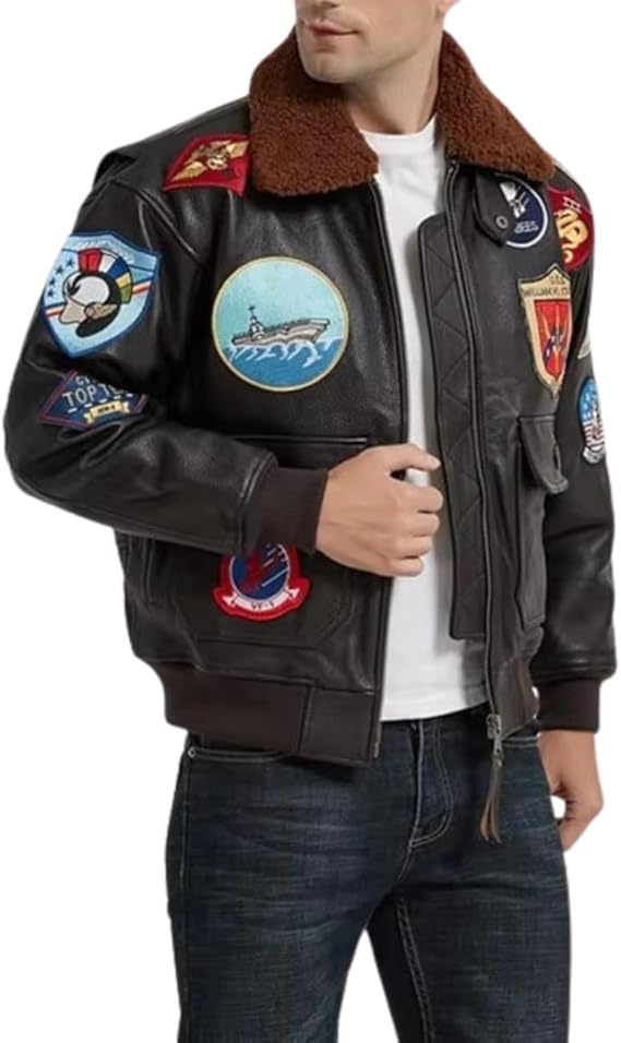 Men's Vintage Aviator Genuine Leather Jacket with Sherpa Collar