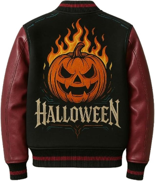 Halloween Pumpkin Unisex Varsity Jacket – Wool Body & Leather Sleeves