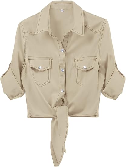 Women's 3/4 Sleeve Denim Crop Tie Knot Shirt