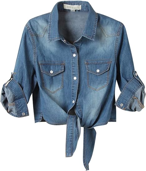 Women's 3/4 Sleeve Denim Crop Tie Knot Shirt