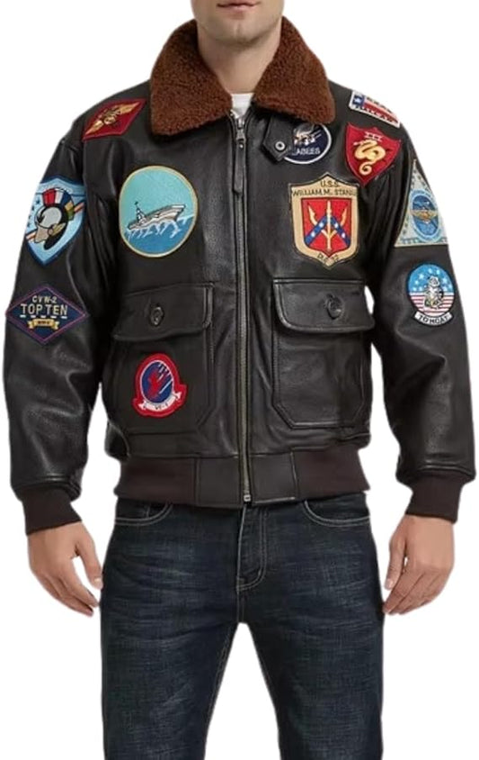 Men's Vintage Aviator Genuine Leather Jacket with Sherpa Collar