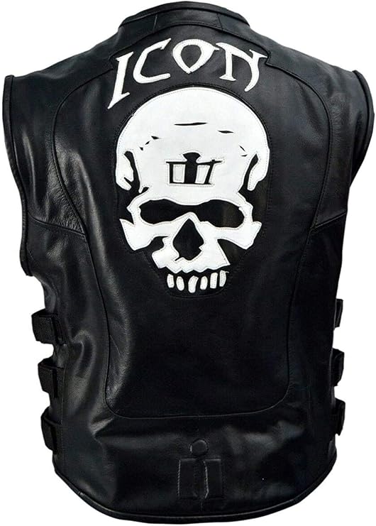 Men's Black Genuine Leather Skull Back Patch Motorcycle Biker Vest