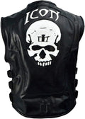 Men's Black Genuine Leather Skull Back Patch Motorcycle Biker Vest