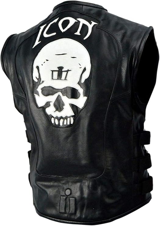 Men's Black Genuine Leather Skull Back Patch Motorcycle Biker Vest