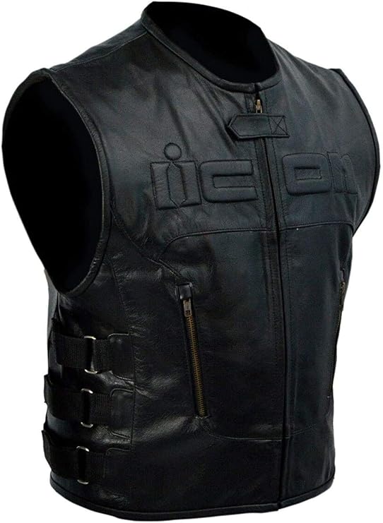 Men's Black Genuine Leather Skull Back Patch Motorcycle Biker Vest