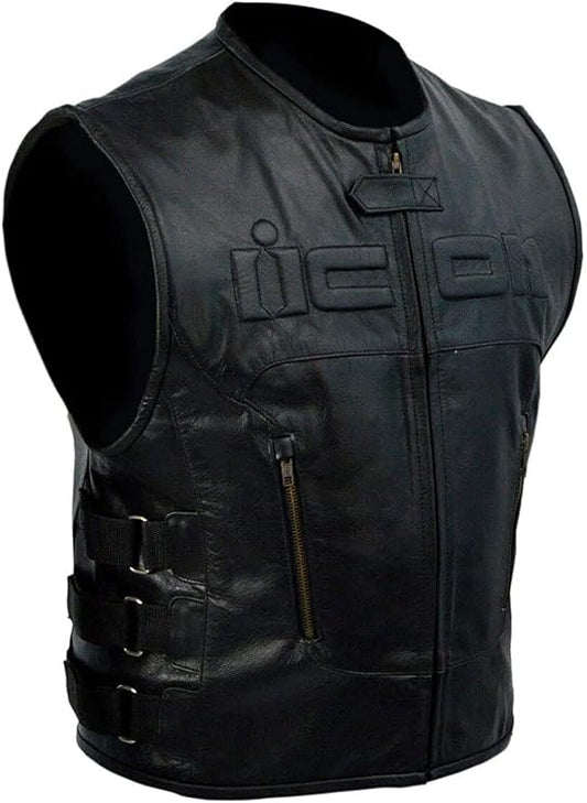 Men's Black Genuine Leather Skull Back Patch Motorcycle Biker Vest