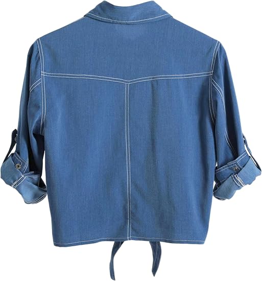 Women's 3/4 Sleeve Denim Crop Tie Knot Shirt