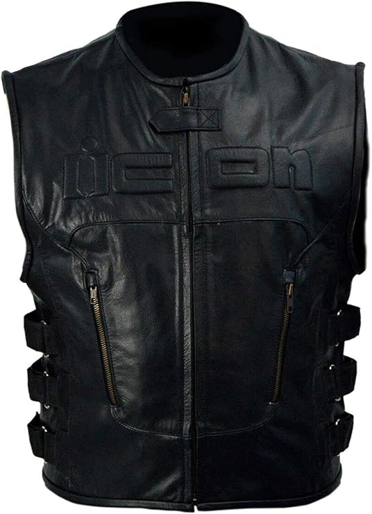 Men's Black Genuine Leather Skull Back Patch Motorcycle Biker Vest