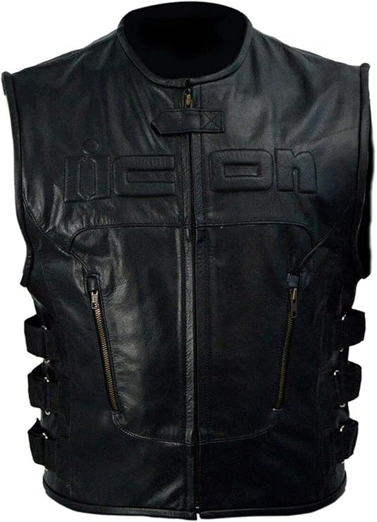 Men's Black Genuine Leather Skull Back Patch Motorcycle Biker Vest