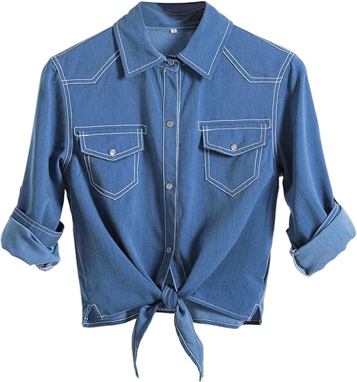 Women's 3/4 Sleeve Denim Crop Tie Knot Shirt