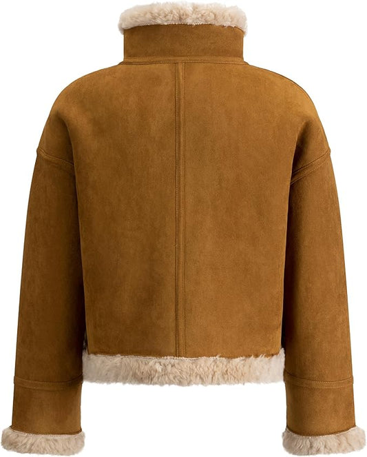 Women's Faux Shearling Aviator Jacket – Soft Faux Suede Winter Zip-Up Coat with Buckle Collar