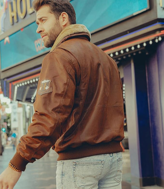 Men's Classic Faux Leather Flight Bomber Jacket with Faux Shearling Collar