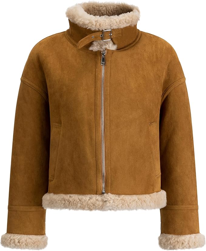 Women's Faux Shearling Aviator Jacket – Soft Faux Suede Winter Zip-Up Coat with Buckle Collar