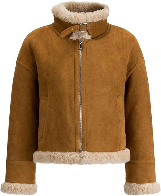 Women's Faux Shearling Aviator Jacket – Soft Faux Suede Winter Zip-Up Coat with Buckle Collar
