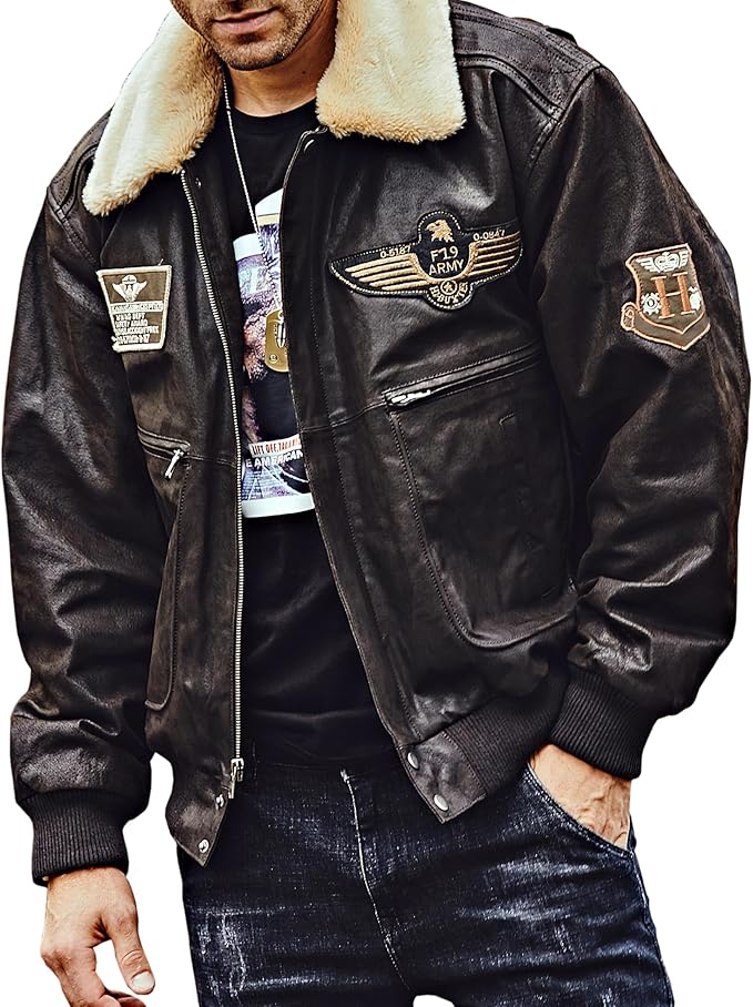 Men's Classic Faux Leather Flight Bomber Jacket with Faux Shearling Collar