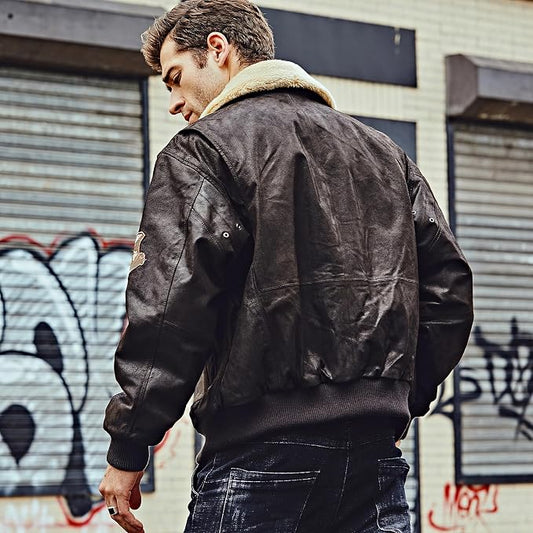 Men's Classic Faux Leather Flight Bomber Jacket with Faux Shearling Collar
