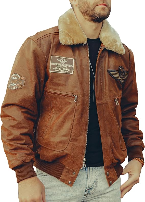 Men's Classic Faux Leather Flight Bomber Jacket with Faux Shearling Collar