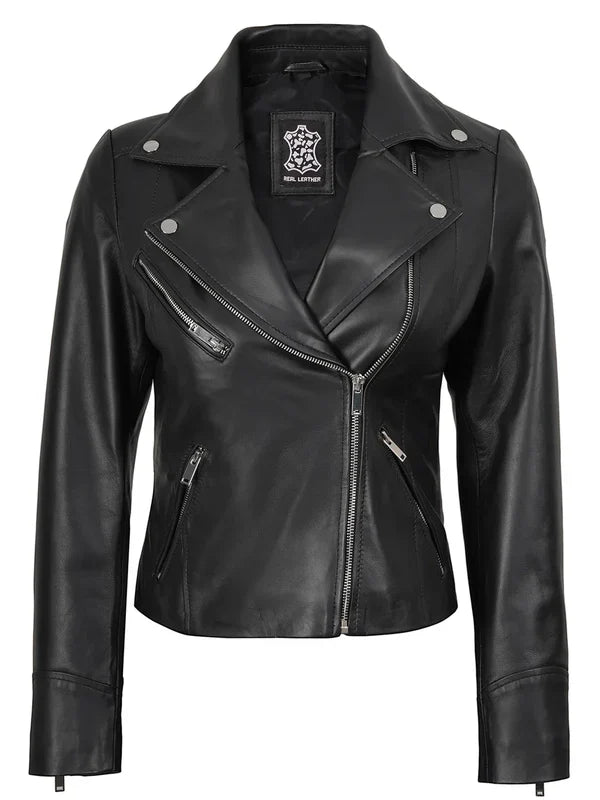 Women's Black Asymmetrical Real Leather Biker Style Jacket