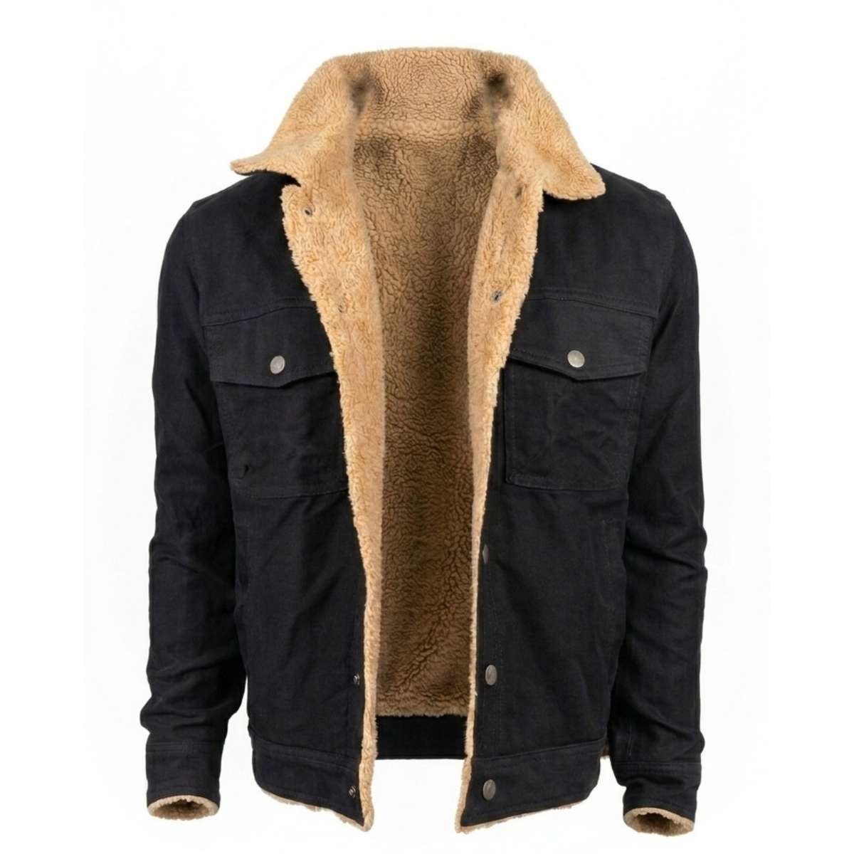 Mens Black Denim Sherpa Jacket Winter Fleece Lined Jean Trucker Warm Fur Coat