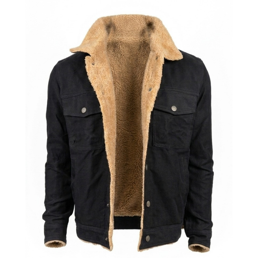 Mens Black Denim Sherpa Jacket Winter Fleece Lined Jean Trucker Warm Fur Coat