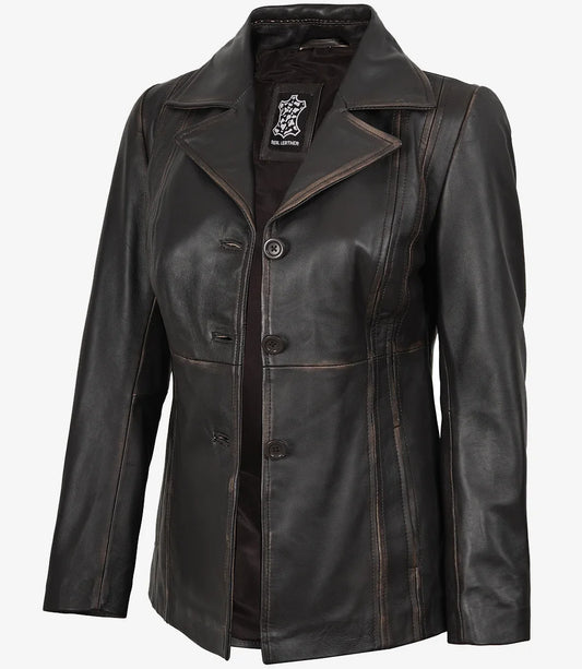 Women's Three Button Distressed Brown Leather Blazer