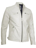 Johnson Mens Off White Quilted Cafe Racer Leather Jacket