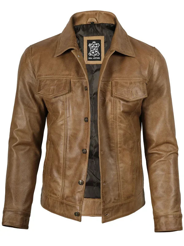 Men's Camel Brown Leather Trucker Jacket