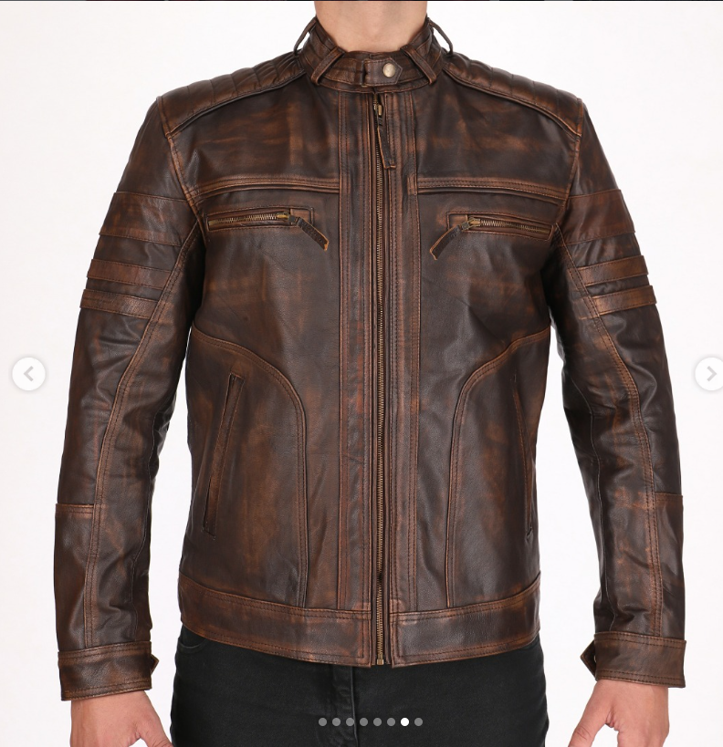 Men’s Brown Vintage Distressed Sheepskin Leather Cafe Racer Motorcycle Jacket