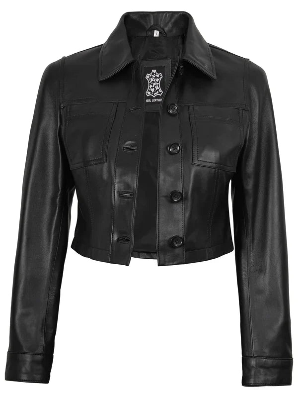Mable Womens Black Cropped Harrington Leather Jacket