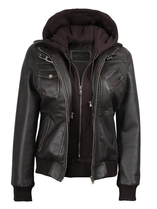 Women's Dark Brown Rub Off Leather Jacket with Removable Hood