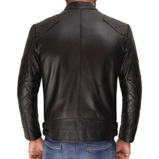 Men’s Black Quilted Shoulder Cafe Racer Leather Jacket