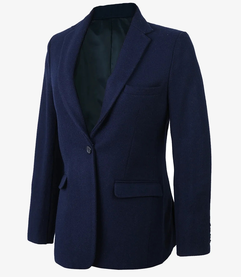 Women's Notch Lapel Navy Blue Wool Blazer - Single Button Closure