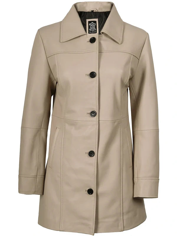 Kandis Women's Biege Real Leather Car Coat