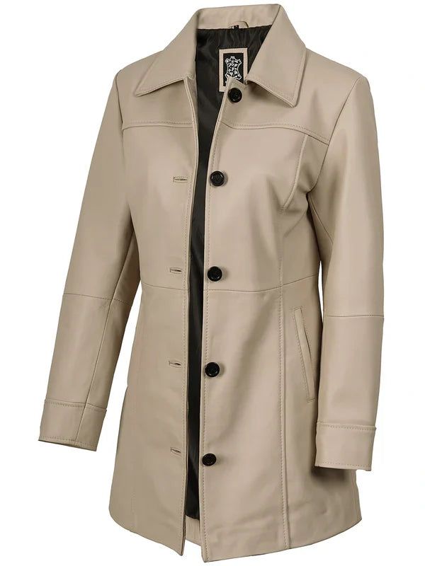 Kandis Women's Biege Real Leather Car Coat
