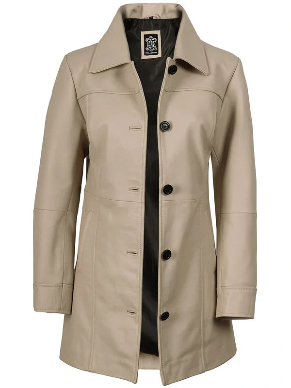 Kandis Women's Biege Real Leather Car Coat