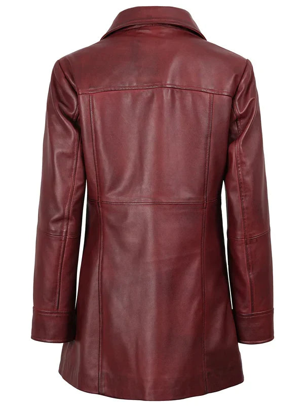 Kandis Women's Burgundy Real Leather Car Coat