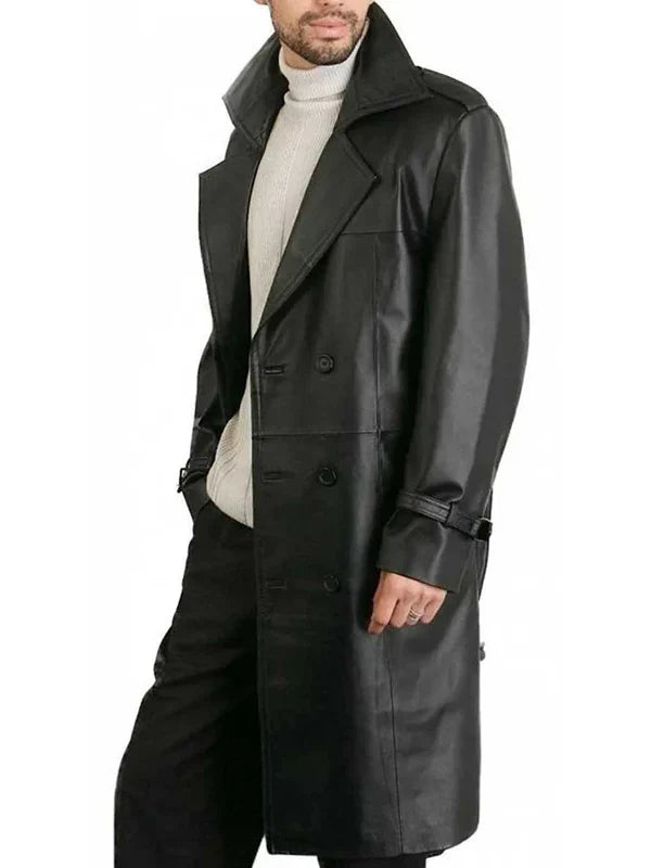 Mens Belted Double Breasted Black Leather Trench Coat