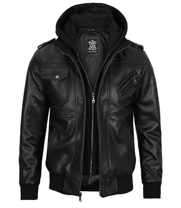 Edinburgh Mens Black Bomber Leather Jacket With Removable Hood