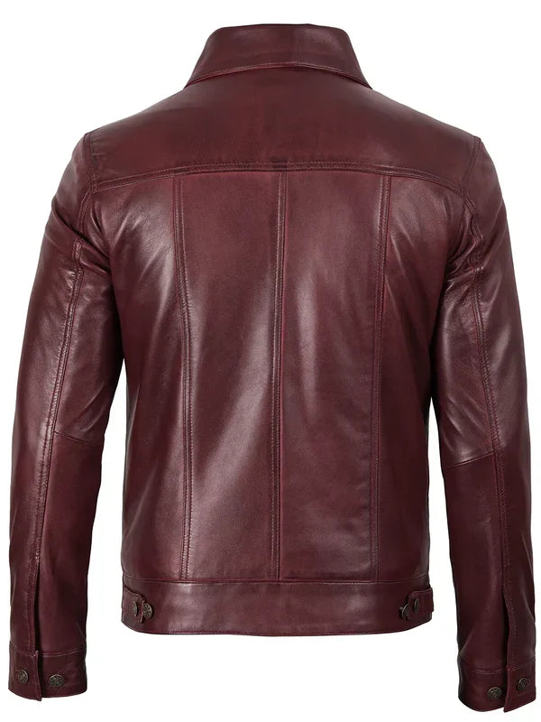 Men's Burgundy Real Leather Trucker Jacket