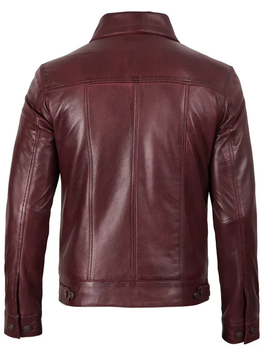 Men's Burgundy Real Leather Trucker Jacket