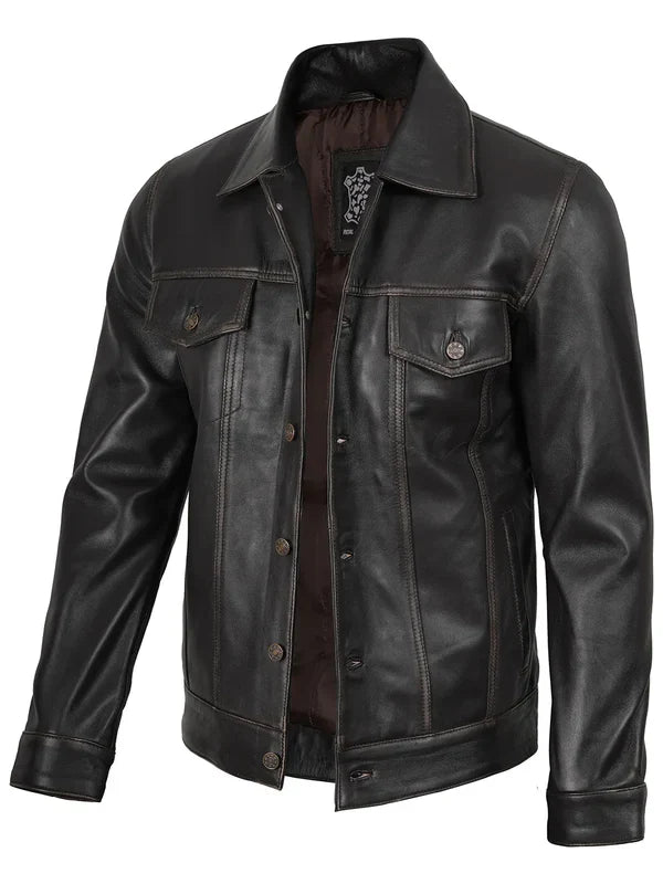 Men's Dark Brown Trucker Leather Jacket
