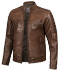 Men's Distressed Coffee Brown Leather Cafe Racer Jacket