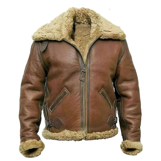 Men’s Brown Shearling B-3 Aviator Bomber Jacket – Genuine Leather RAF Pilot Style