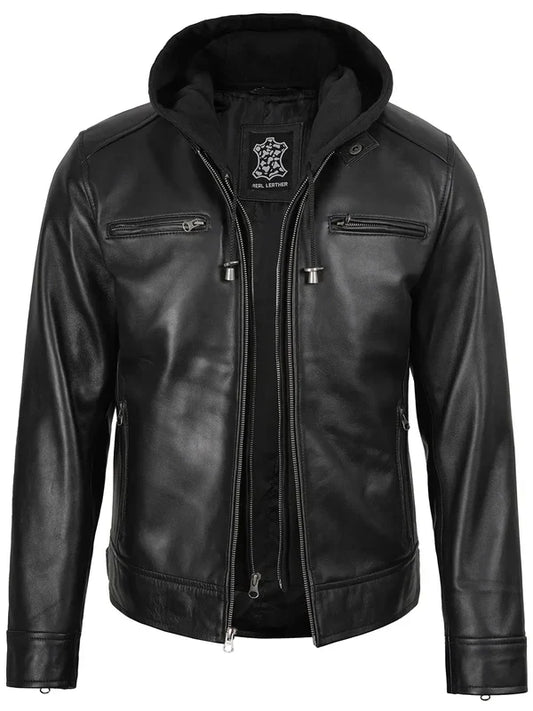 Men's Black Biker Style Leather Jacket with Removable Hood