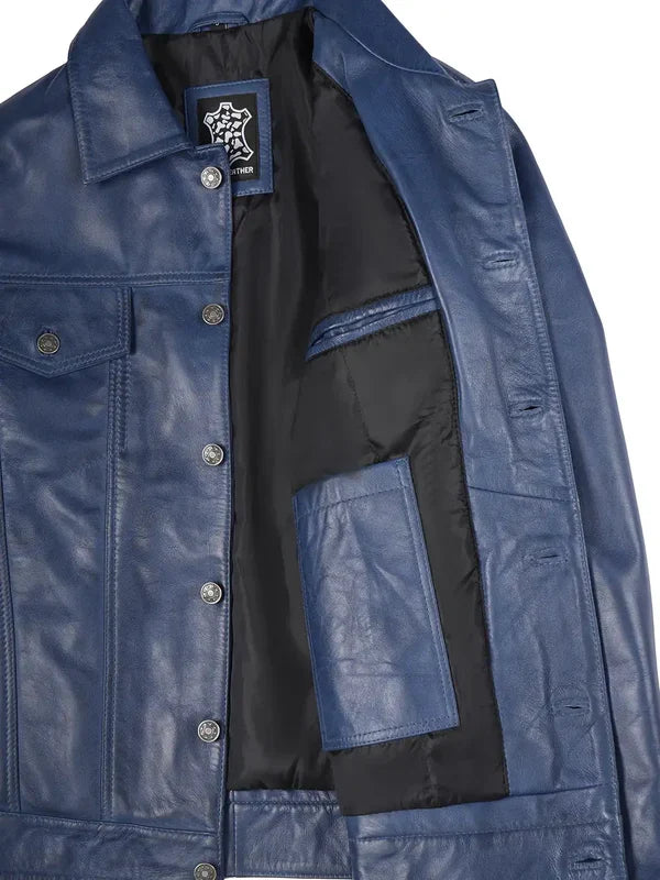 Fernando Men's Blue Real Leather Trucker Jacket