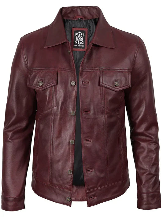 Men's Burgundy Real Leather Trucker Jacket