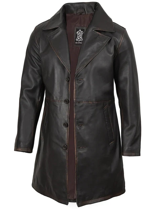 Men's Real Leather 3 4 Length Dark Brown Car Coat